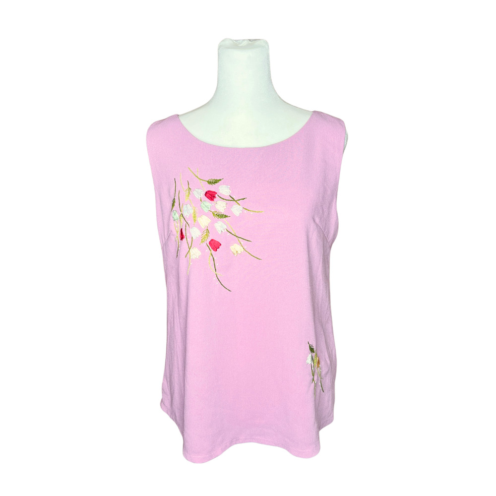 Vtg Sleeveless Top Embroidered Tulip Ribbon Cottagecore Garden Dainty Feminine
